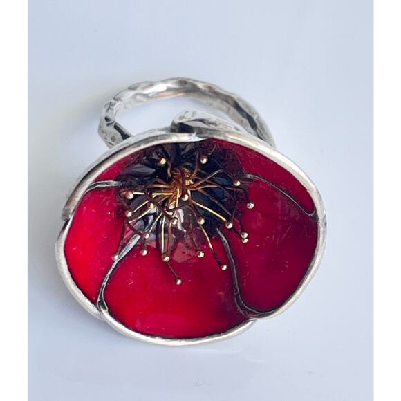 Red Poppy Flower RING & EARRINGS Set 925 Sterling Silver Adjustable Size - Picture 3 of 14